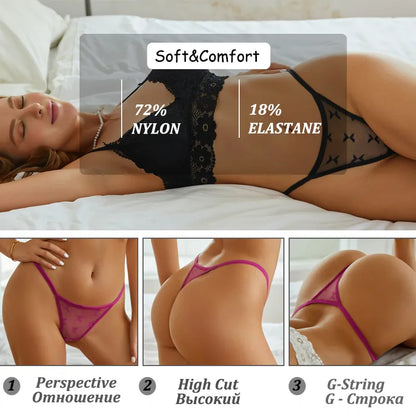 4PCS/Set Sexy Lace Thong Women Low Waist Panties Transparent G String