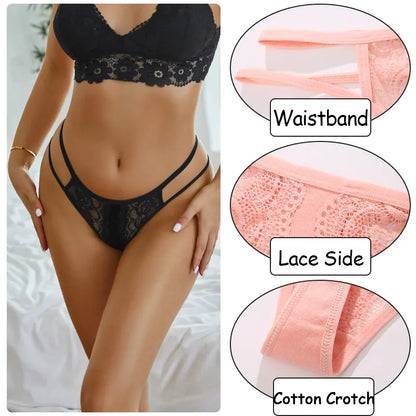 3PCS/Set Sexy Lace Panties Hollow Out Thongs Low Waist Cotton G-String