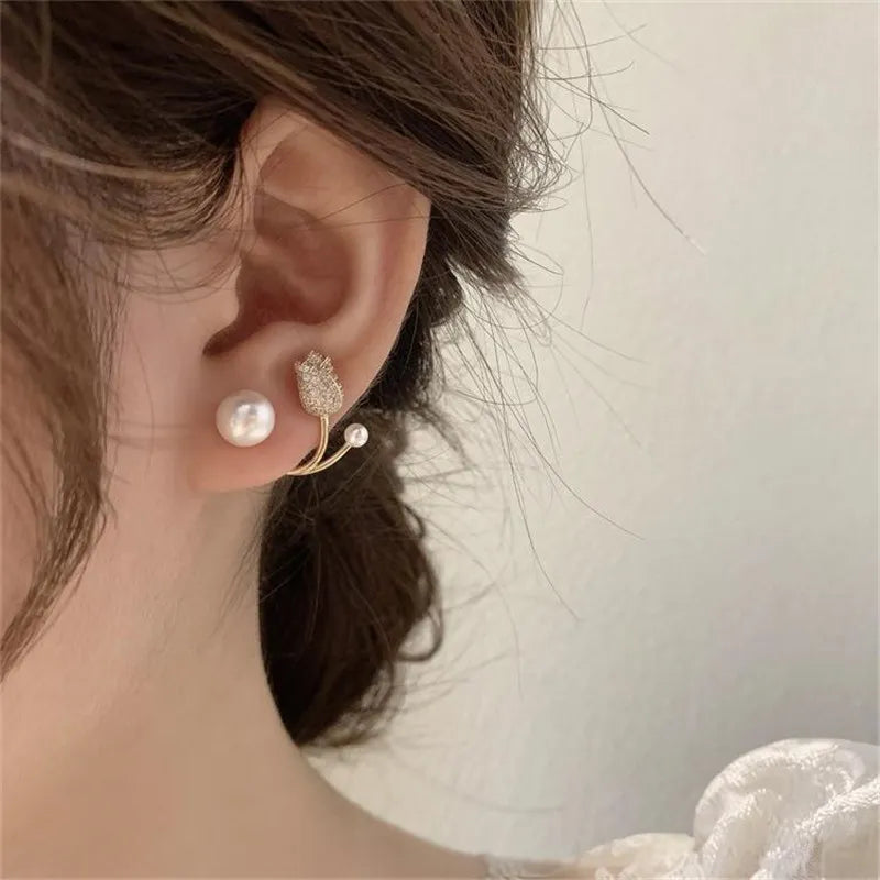 French Light Luxury Crystal Tulip Flower Stud Earrings