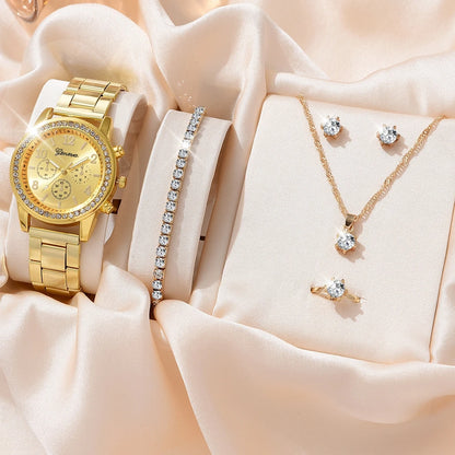 6PCS Set Luxury Watch Ring Necklace Earrings Rhinestone