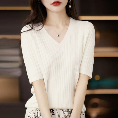 Sweater Short Sleeve V-neck Stripe Knitwears