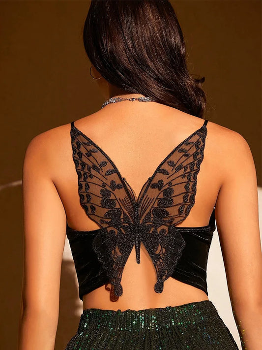 Sexy Butterfly Embroidery Mesh Velvet Cami Top