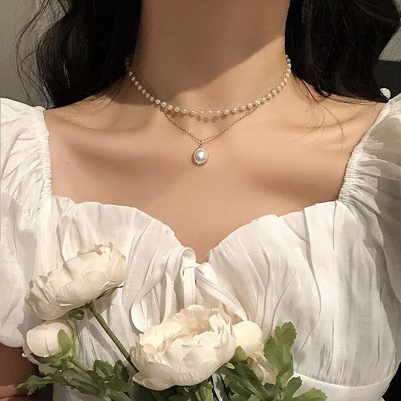 LATS Beads Women's Neck Chain Kpop Pearl Choker Necklace